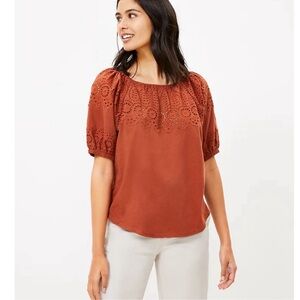 Loft Rust Red Cotton Puff Sleeve Top With Eyelet Lace Yoke, M